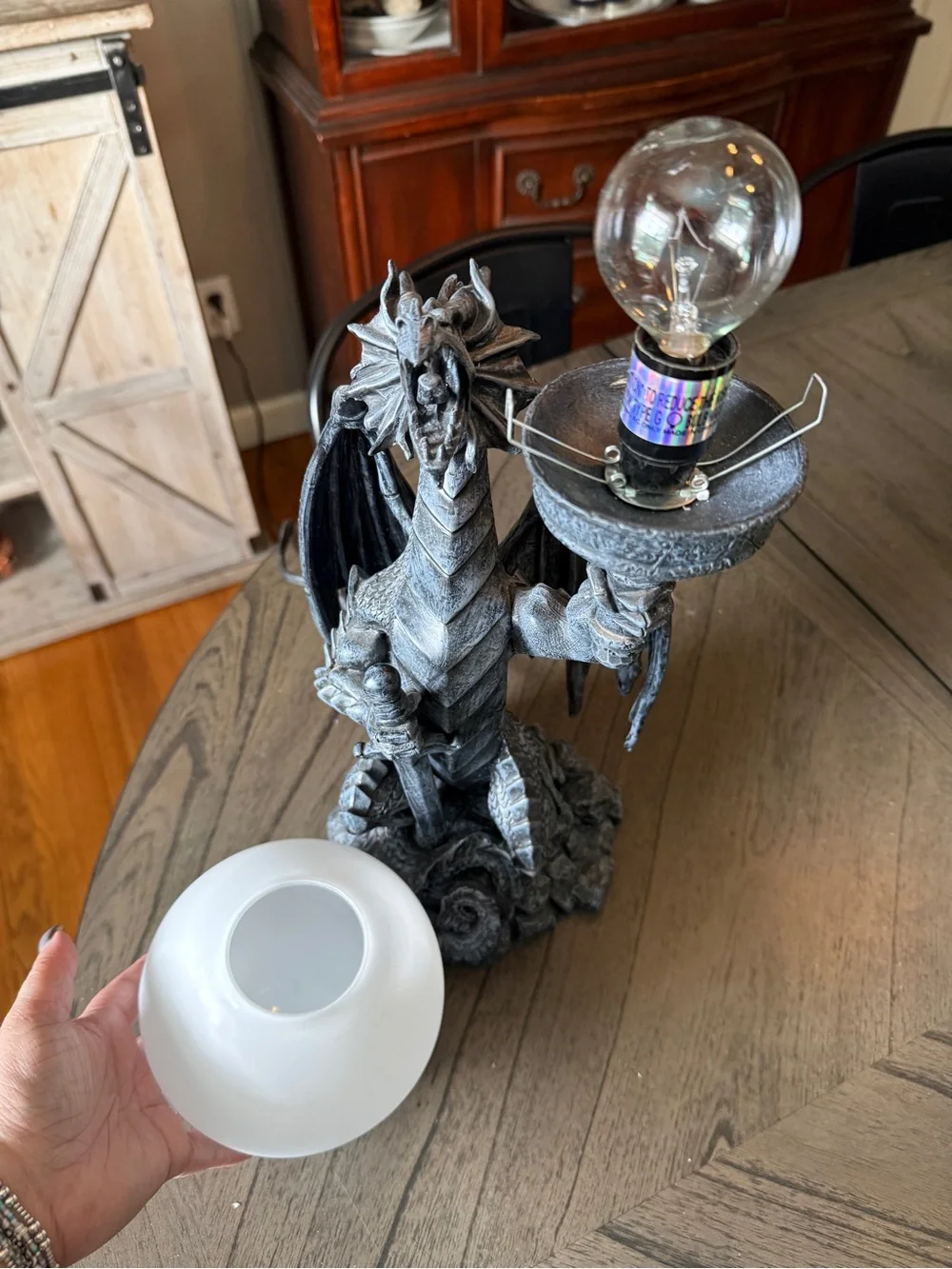 Gothic Dragon Table Lamp in Gray with Warm Globe. From early 2000's.